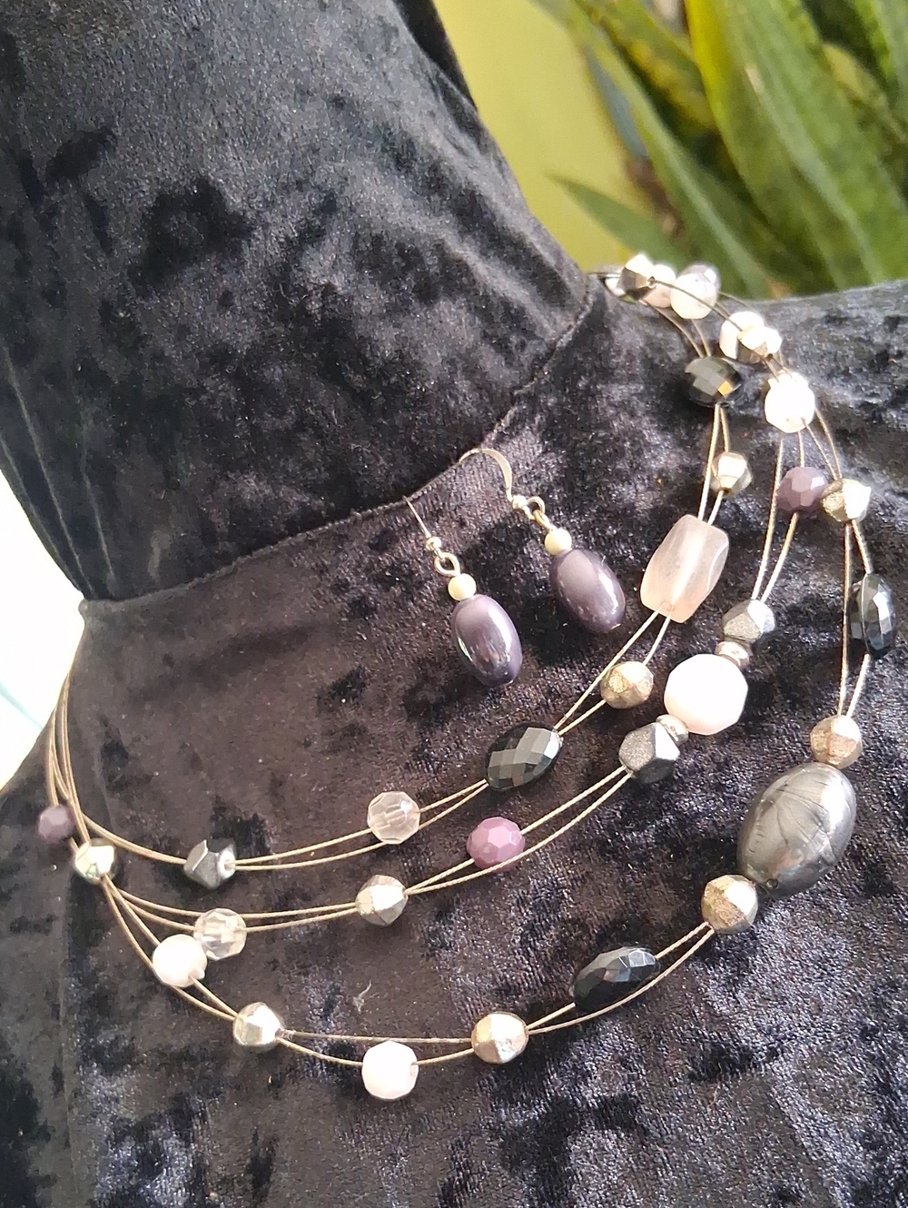Express Multi-Strand Necklace and Earring Set in Purple, Black and Metallic